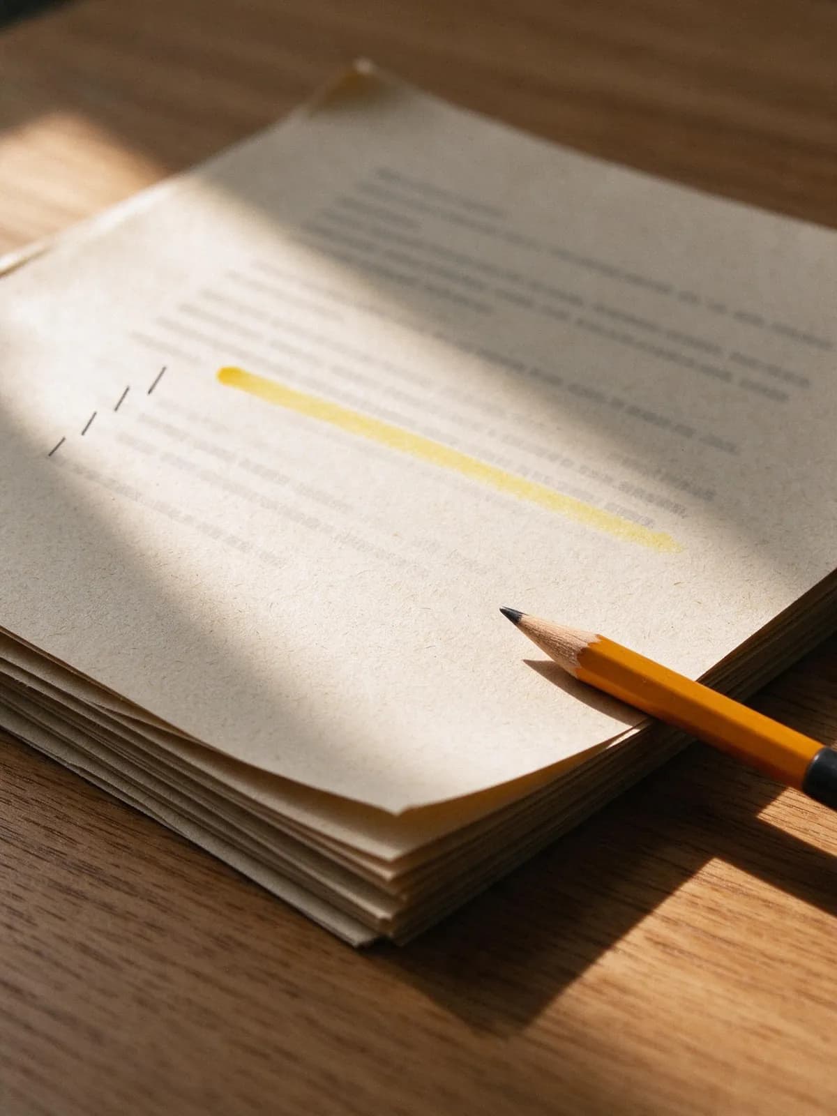 A stack of printed report pages on an oak desk, one line marked with a honey-yellow highlighter, a pencil resting on top